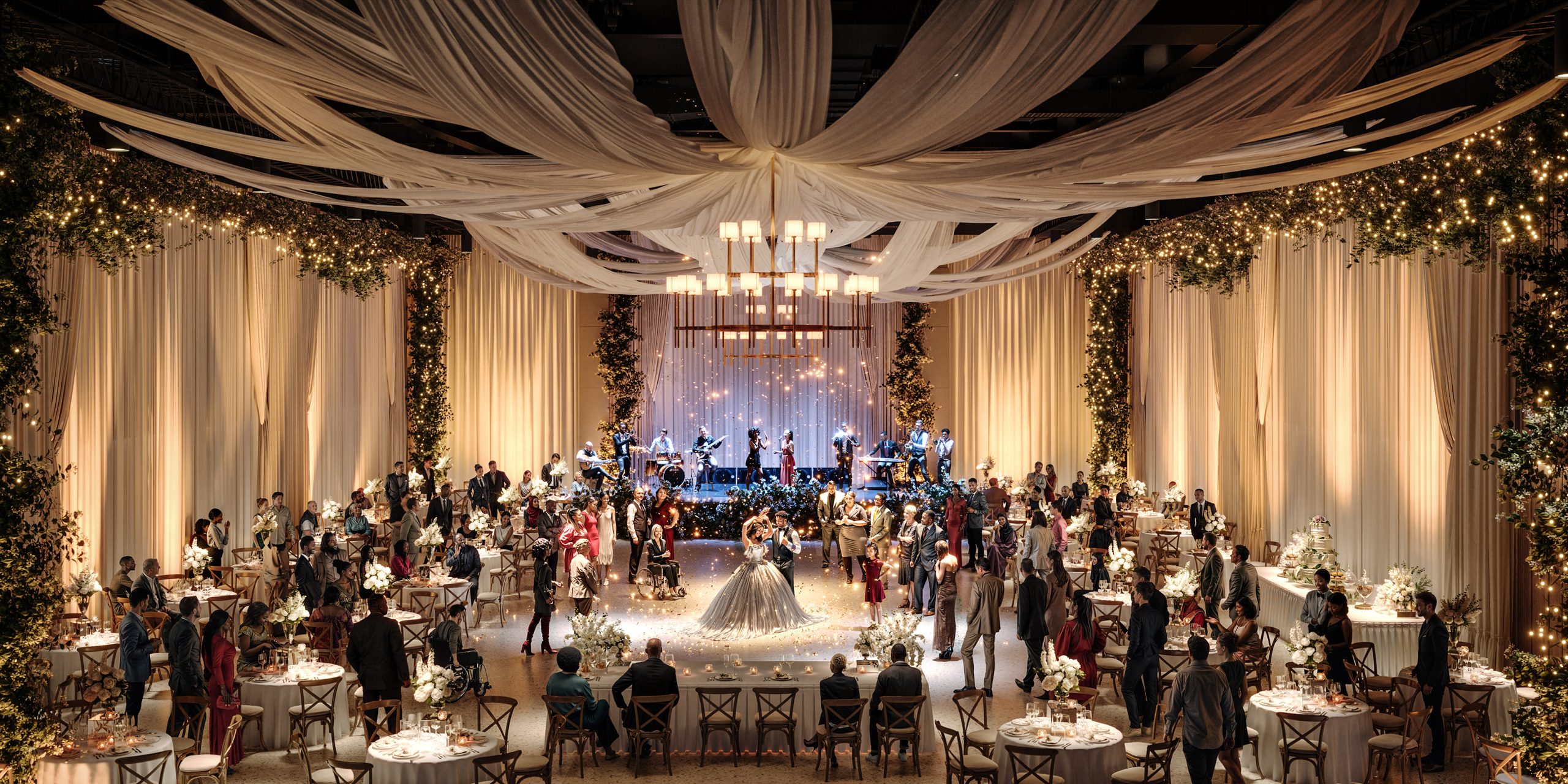 An interior photograph of the Hudson's Detroit event space, featuring a wedding reception.