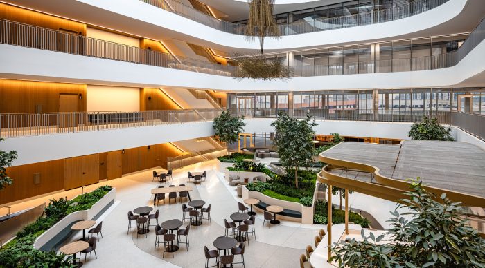 An interior photograph of the Hudson's Detroit atrium.