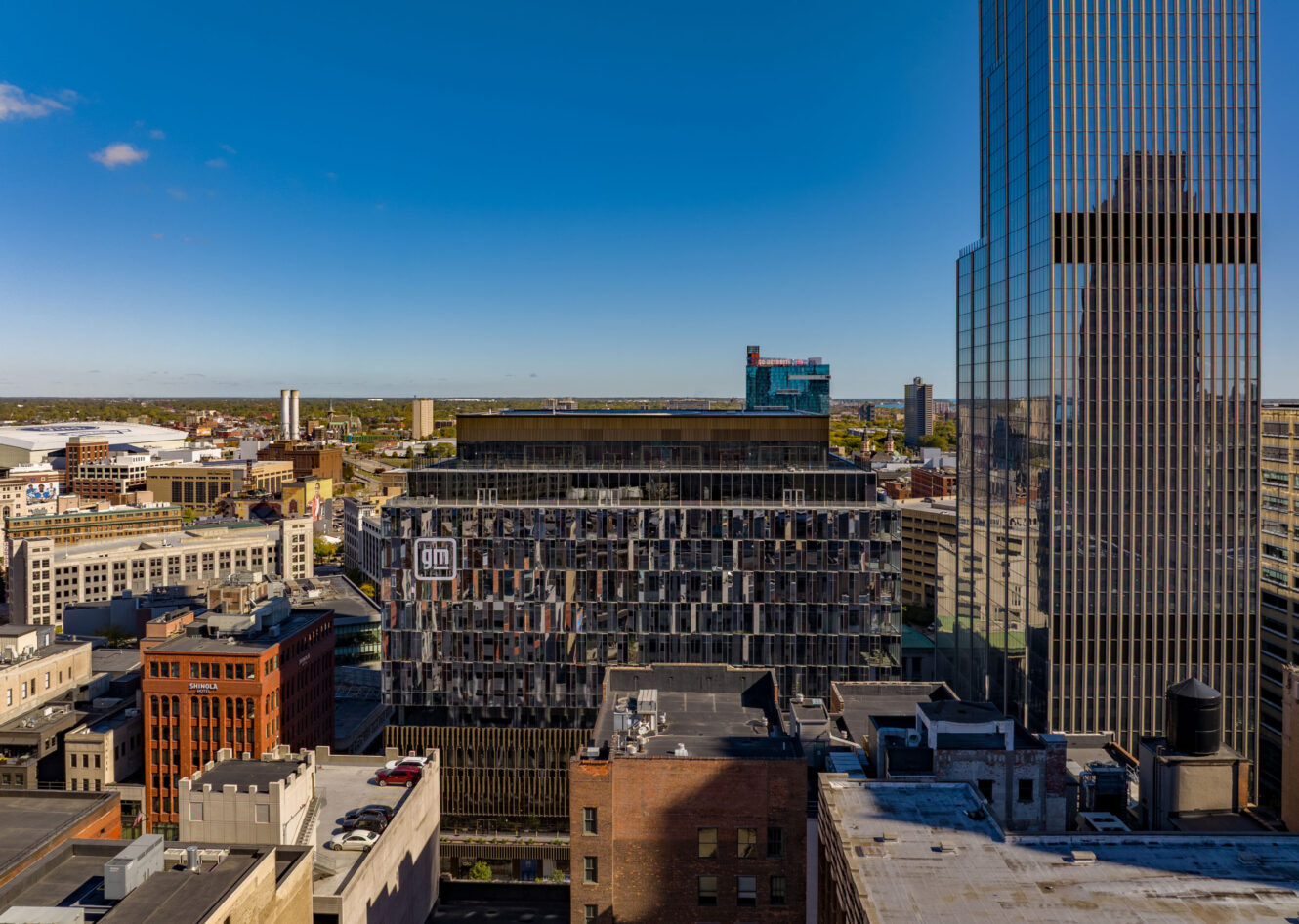 An aerial photograph of Hudson's Detroit.