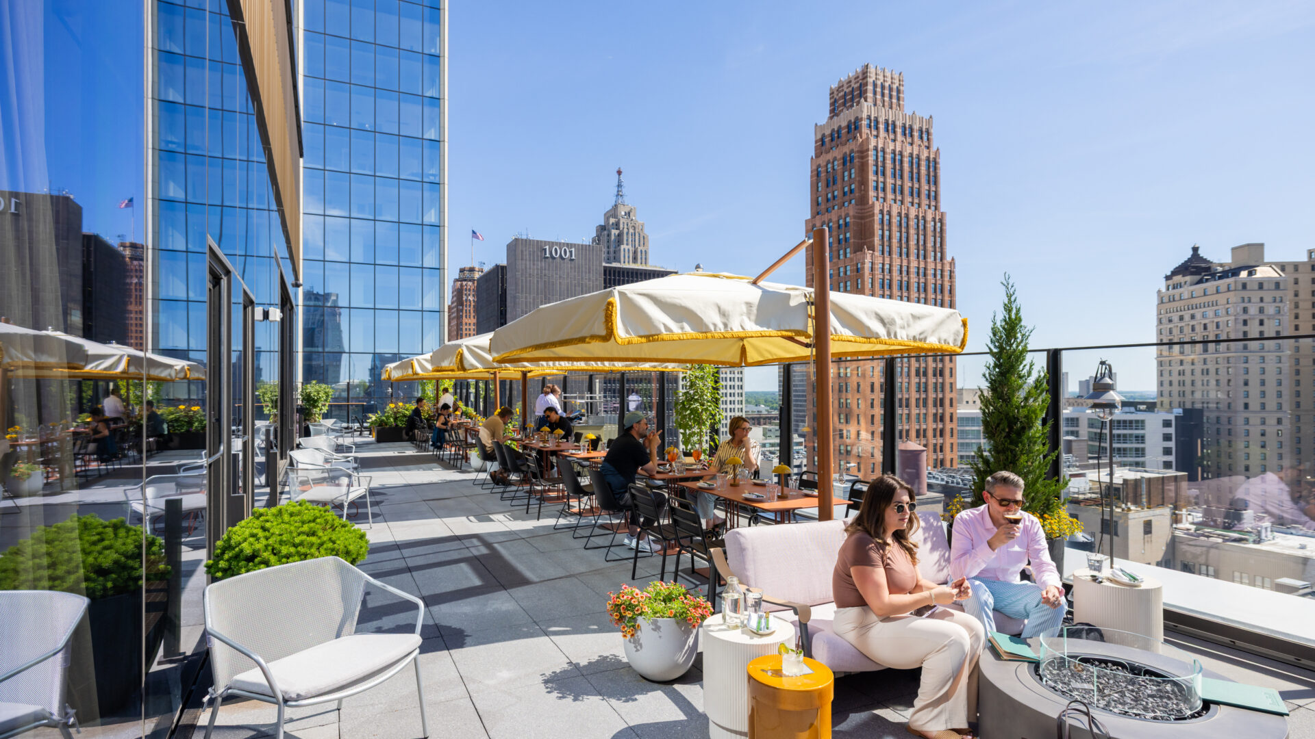 Exterior photo of Pine Hall's outdoor rooftop seating.